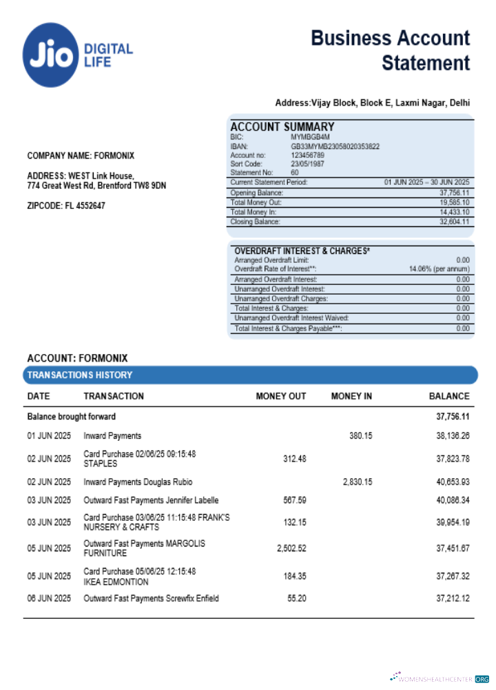 Jio Digital Life organization checking account statement Word and PDF template